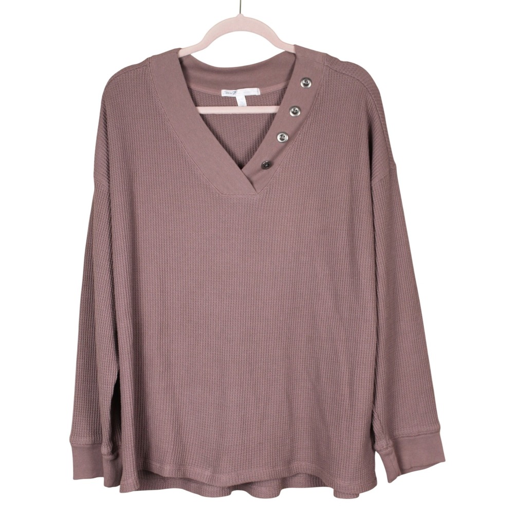 Seven7 Everyday Dark Pink Thermal Waffle Henley Snap Button Pullover Knit Top XL